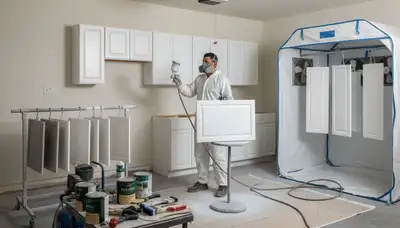 Professional cabinet painting process in Orlando FL showing smooth spray finish for kitchen update