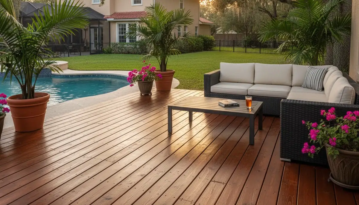 Finished deck staining in Orlando FL showcasing rich wood tone and weather-protected outdoor living space