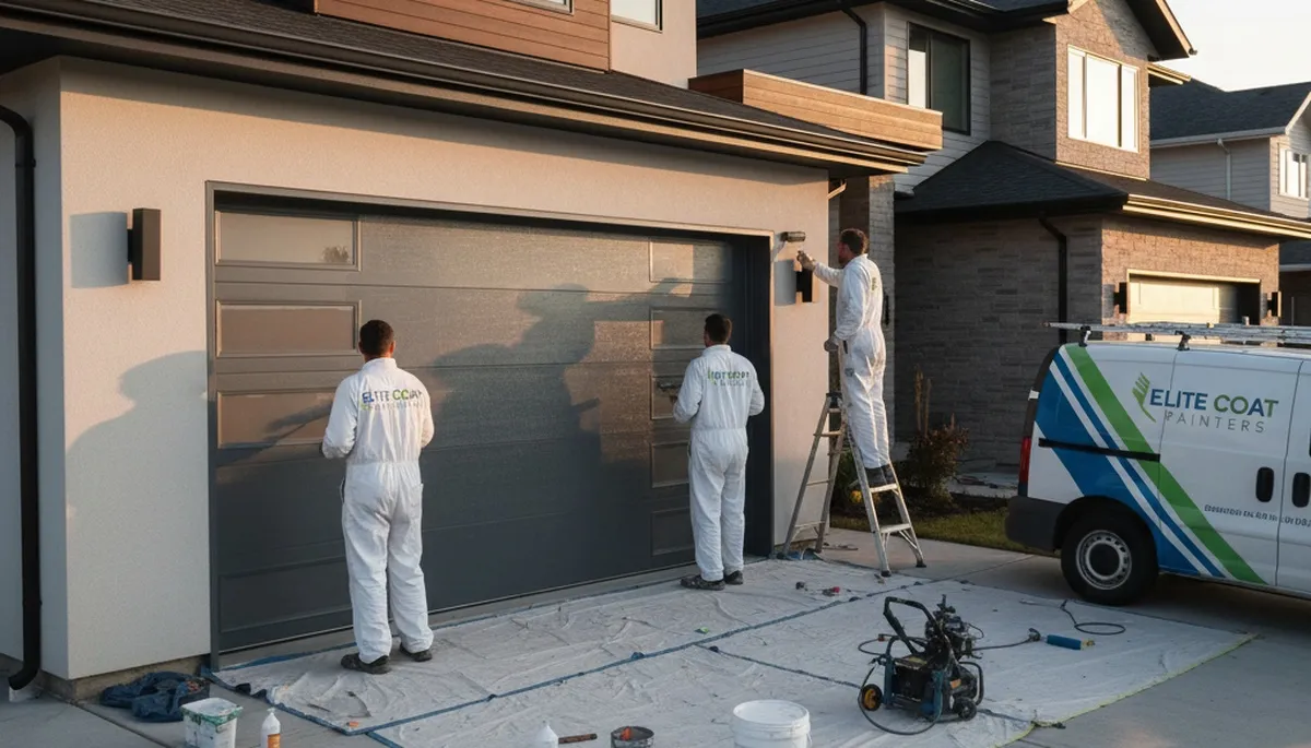 Professional painters refinishing a garage door in Orlando FL with weather-resistant exterior paint