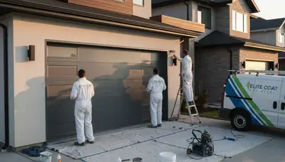 Professional painters refinishing a garage door in Orlando FL with weather-resistant exterior paint