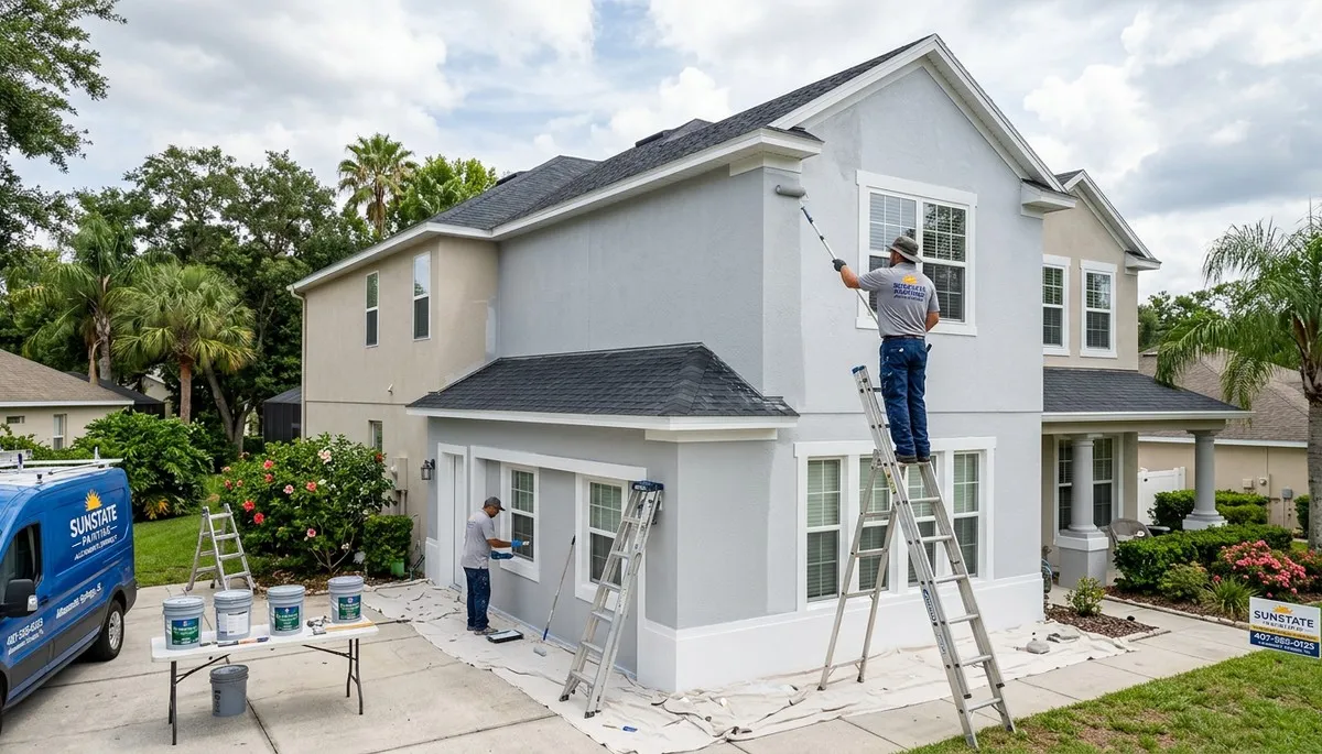 Professional house painters in Orlando FL applying exterior paint to a residential home facade
