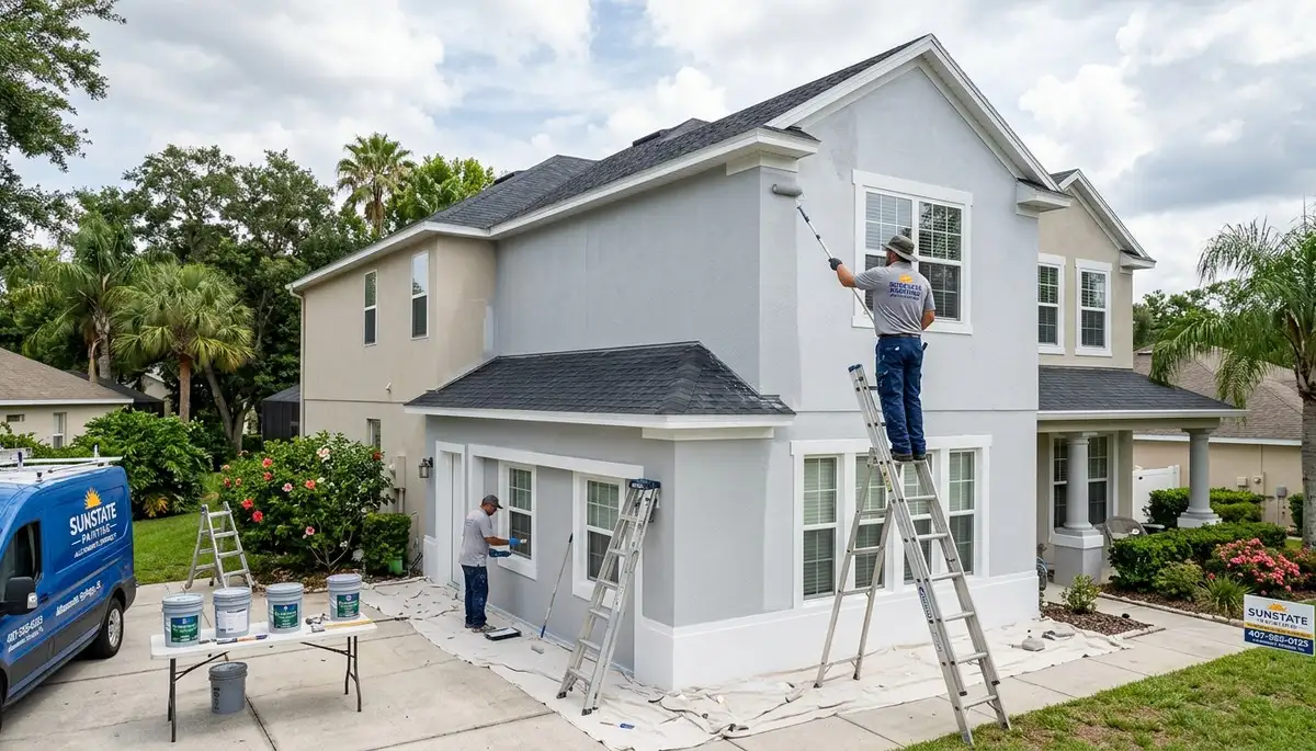 Professional house painters in Orlando FL applying exterior paint to a residential home facade