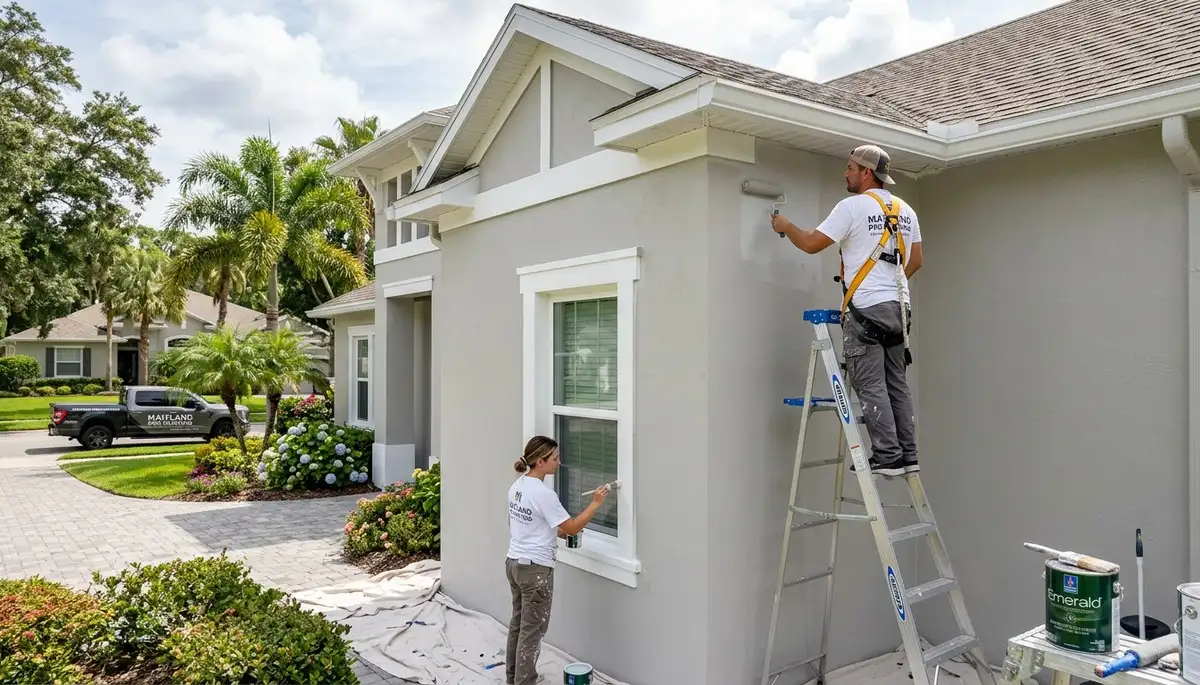 Professional house painters in Orlando FL applying exterior paint to a residential home façade