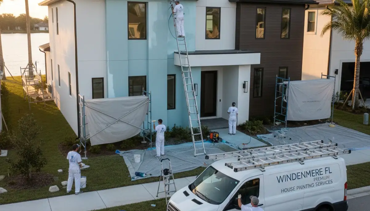 Professional house painters in Orlando, FL applying exterior paint on a residential home