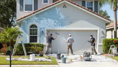 Painter sanding exterior wall during surface prep for house painting in Orlando, FL