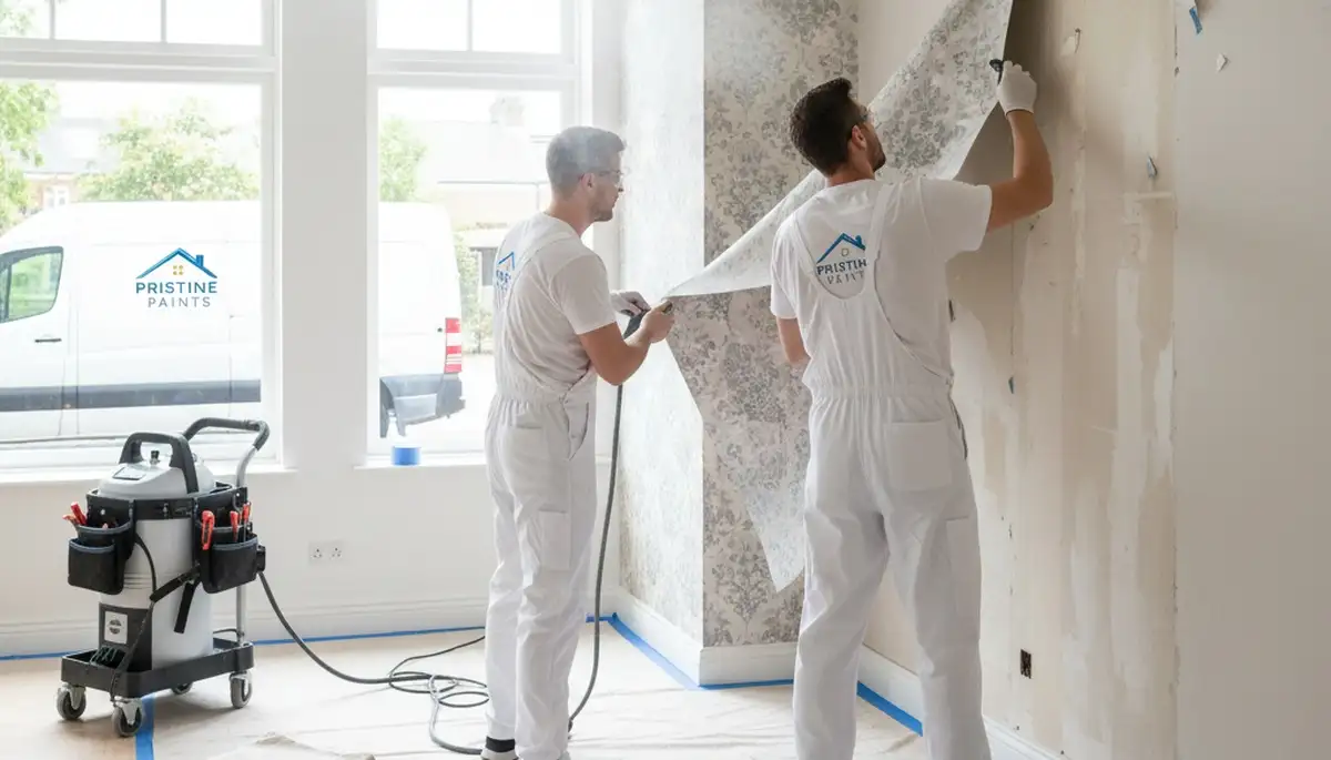 Professional wallpaper removal in Orlando FL home by local house painters preparing walls for paint